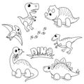 Set of cartoon dinosaurs. Cute dino. Black and white vector illustration for coloring book Royalty Free Stock Photo